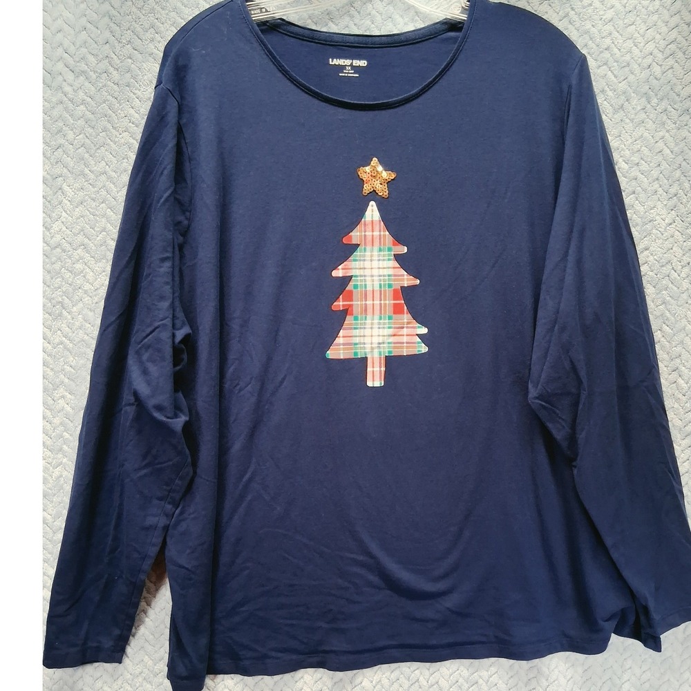 Lands End Womens 3X Navy Blue Plaid Christmas Tree Sequin Star Long Sleeve Tee